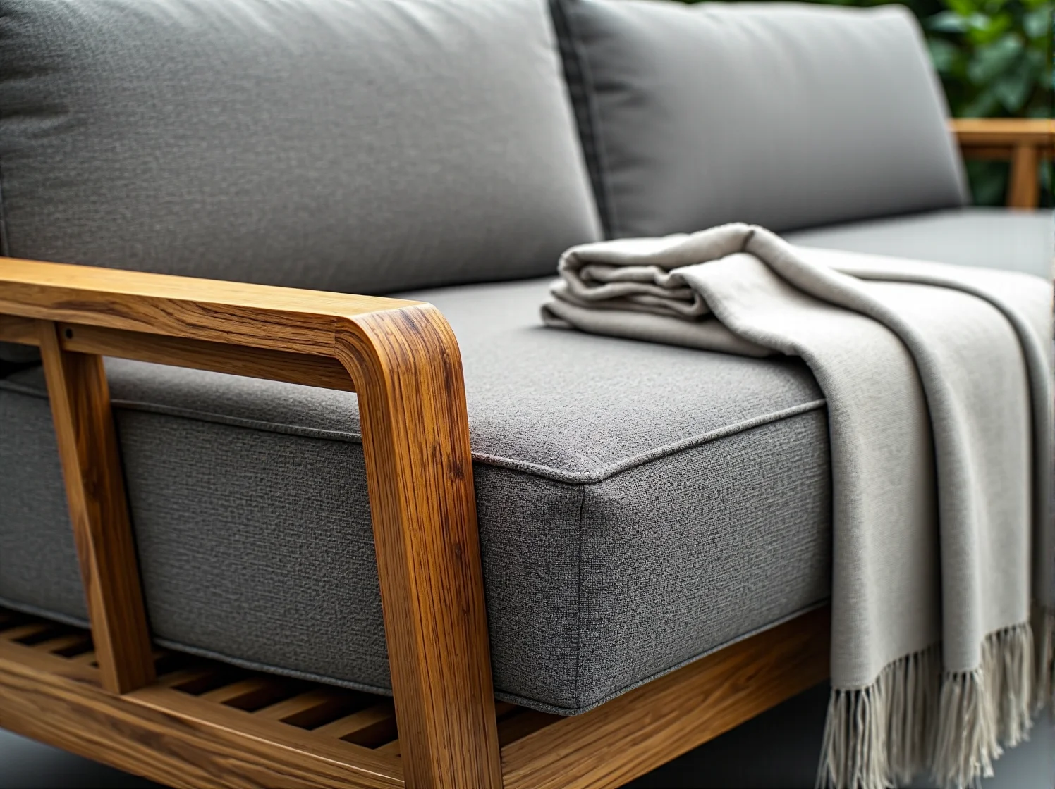 Wygodny narożnik wypoczynkowy z poduszkami na drewnianym tarasie.