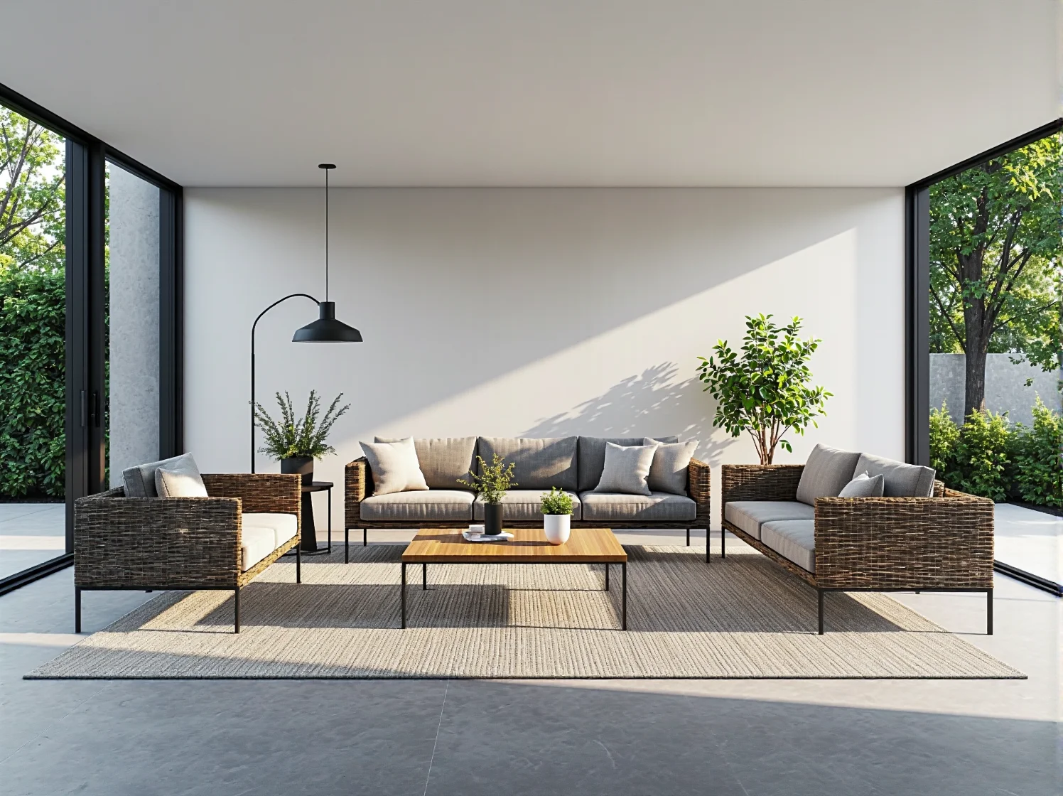 Drewniane meble wypoczynkowe na małym tarasie w stylu boho z poduszkami.