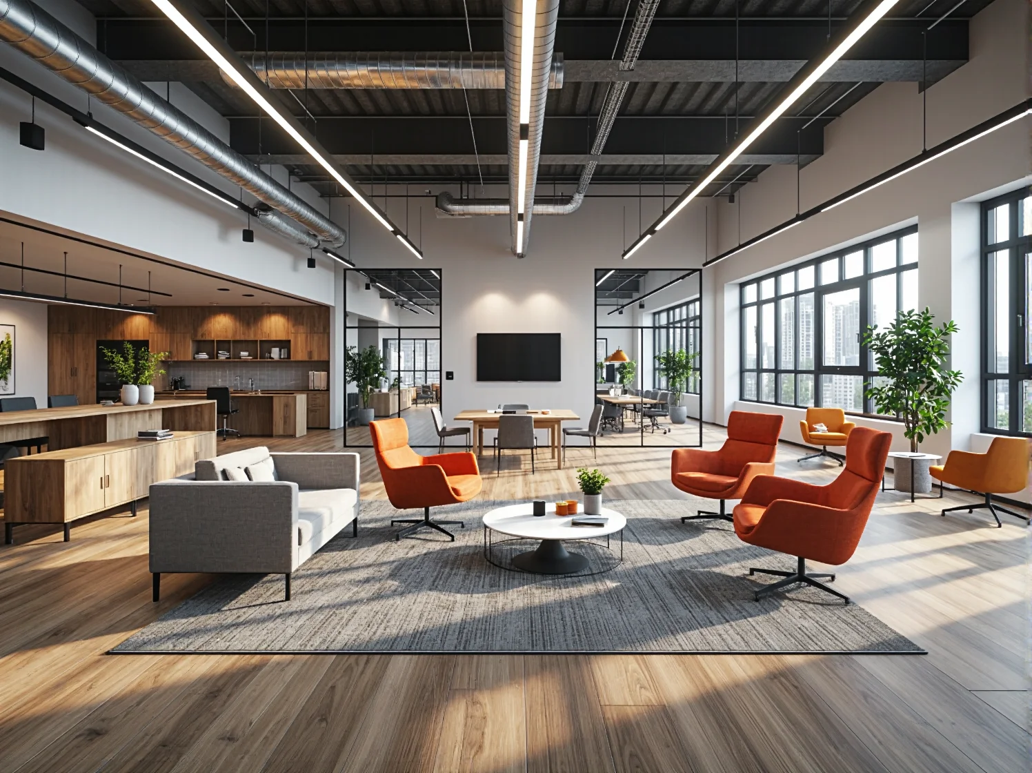 Strefa relaksu w eko biurze z wertykalnym ogrodem i naturalnym oświetleniem sprzyjającym pracy.